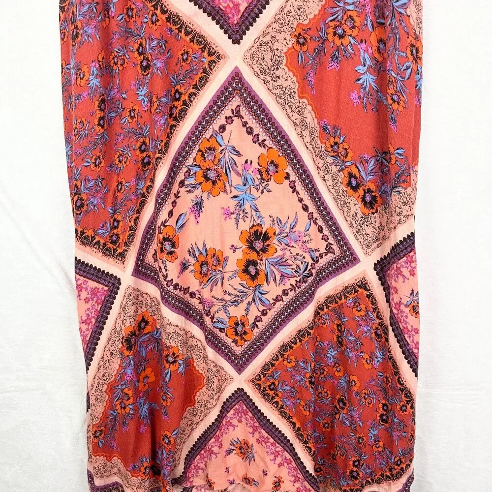 Free People Stevie Printed Maxi Slip Dress Size Large Floral Patchwork Scarf